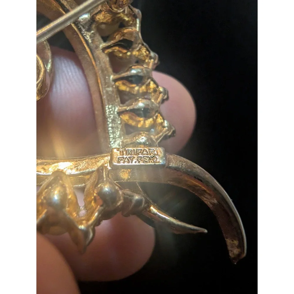 Trifari Gold Tone Heart Shape Brooch Rhinestone Faux Pearl Vintage Pin Marked